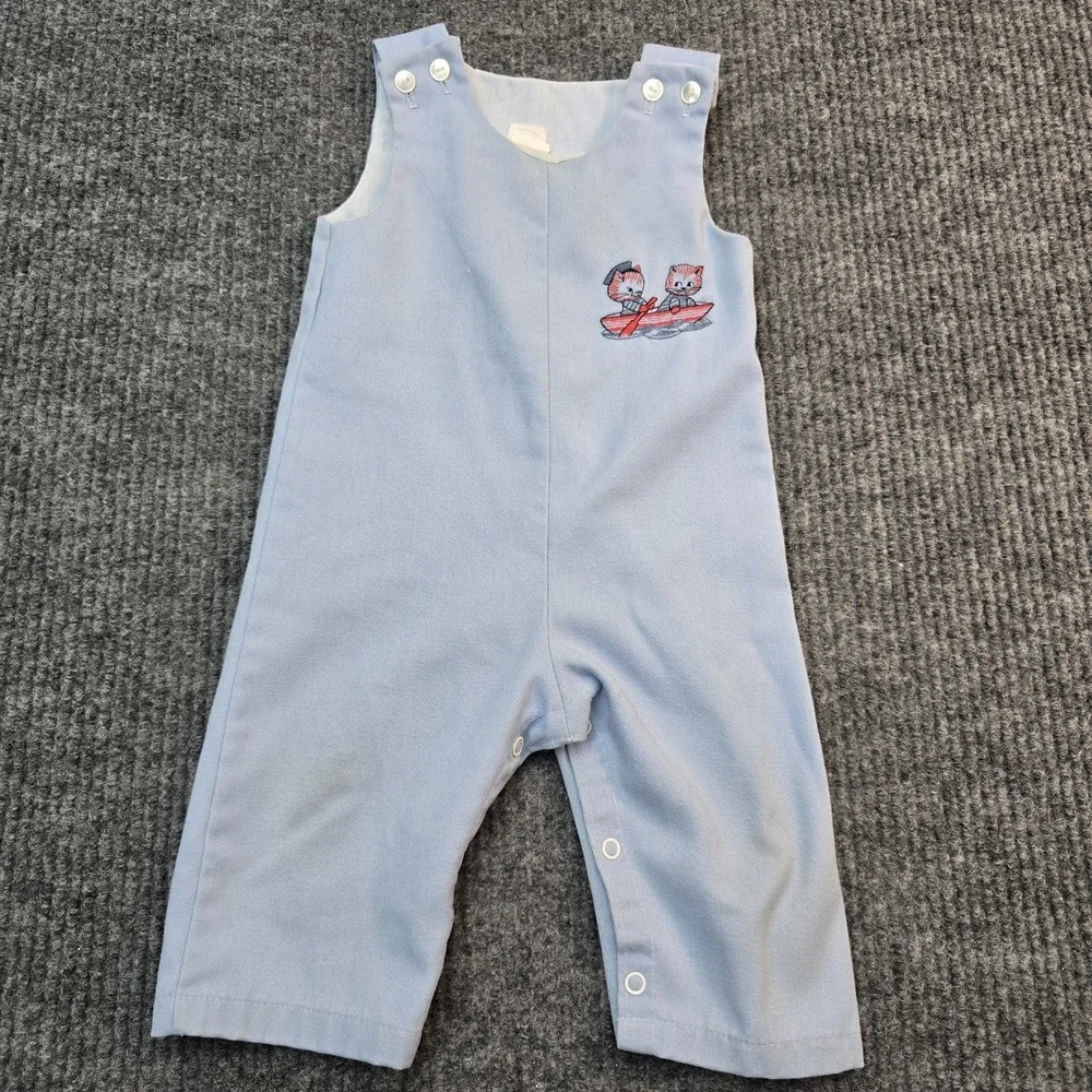 Baby Romper 9 Months Blue One Piece Overalls Cats‎ in Boat Embroidered Snap...